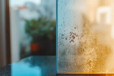 A glass panel exhibits condensation, offering a blurred glimpse of lush greenery in a sunlit indoor setting.の素材