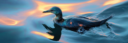 A seabird fights to remain above water amid a colorful oil spill on the oceans surface, showing the effects of pollution on wildlife.の素材