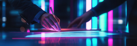 Two hands collaborated on a document, illuminated by colorful lights in a contemporary environment, showing innovative creativity.の素材
