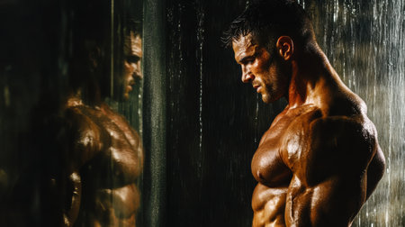 Muscular man poses in a gym setting, under dramatic lighting, highlighting his physique and reflecting determination during an intense workout.の素材