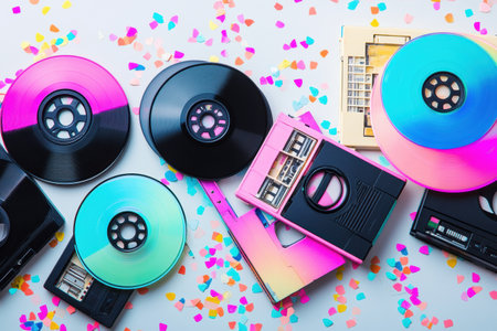 Various vinyl records and cassettes are spread out on a bright surface adorned with colorful confetti, creating a lively atmosphere.の素材