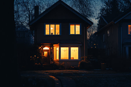 A charming house glows with warm light from its windows on a tranquil winter evening, surrounded by leafless trees and neighboring homes.の素材
