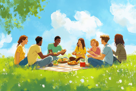 A group of friends shares a joyful picnic, enjoying food and lively conversation in a bright, serene outdoor setting.の素材