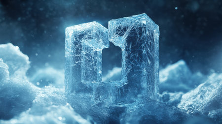 Two ice blocks display delicate patterns while surrounded by frost, creating a captivating contrast against the shimmering surface of ice.の素材