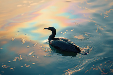 A seabird swims in polluted waters with an oil spill creating a rainbow sheen on the surface, highlighting the environmental crisis.の素材