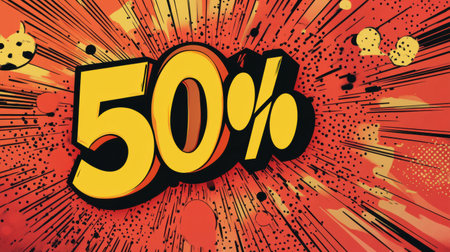 Bold 50 percent off sign set against a vibrant backdrop reflecting a retro comic book style, ideal for boosting fashion sales during promotions.の素材