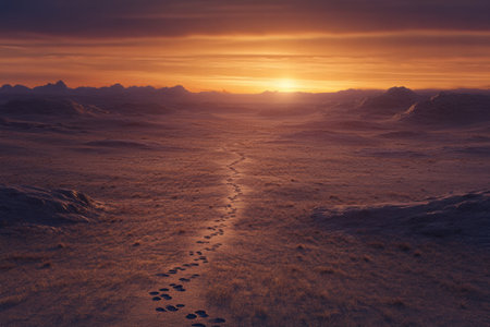 Footprints mark a sandy path through a vast desert as the sun sets, casting warm hues across the horizon and mountains.の素材