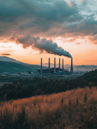 Smoke bills from tall smokestacks as the sun sets over the distant hills, creating a contrast between nature and industry.の素材