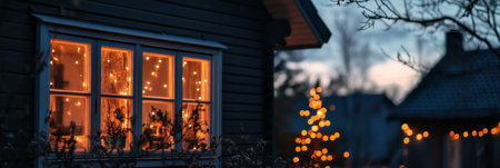 A charming house features glowing lights in the windows as night falls, enhancing the cozy atmosphere of the peaceful neighborhood.の素材