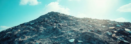 A towering mound of waste plastic dominates the landscape at a landfill under a bright blue sky, highlighting the environmental crisis.の素材