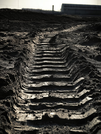 Tire tracks carved into wet soil stretch across a construction site as the sun sets, casting shadows in the low light.の素材