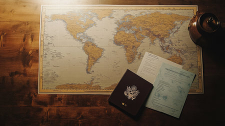 A world map covers a wooden table, featuring a passport, travel documents, and an old compass, highlighting travel preparations before a trip.の素材