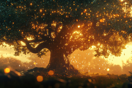 A grand tree stands proudly, adorned with glowing orbs as the sun sets, creating a magical atmosphere in a peaceful environment.の素材
