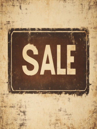 A weathered sale sign displays the word sale in large, bold letters against an aged background showing its classic design.の素材