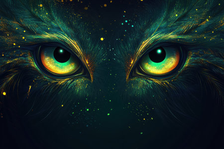 Vivid, luminescent eyes reflect colors in a mystical setting, creating a captivating and enchanting atmosphere during nighttime.の素材