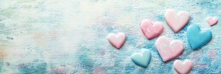 Decorative heart shapes in pink and blue are scattered on a textured pastel background, creating a charming and playful look.の素材