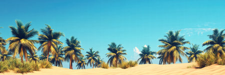 Bright sunlight illuminates a sandy beach lined with tall palm trees and lush greenery under a clear blue sky.の素材