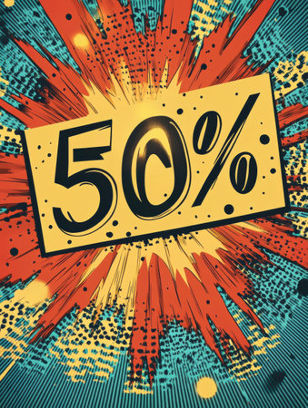 Dynamic retro comic style background features a striking 50 percent off sign, ideal for attracting attention to fashion sales and promotions.の素材