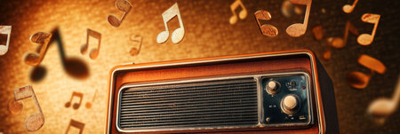 Warm light shines on a vintage radio, creating a nostalgic feeling as musical notes drift around, enhancing the ambiance of sound.の素材