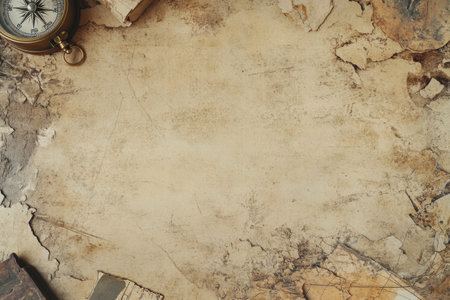 Vintage textured paper lies on a worn surface alongside a traditional compass, creating a nostalgic atmosphere for artistic projects.の素材