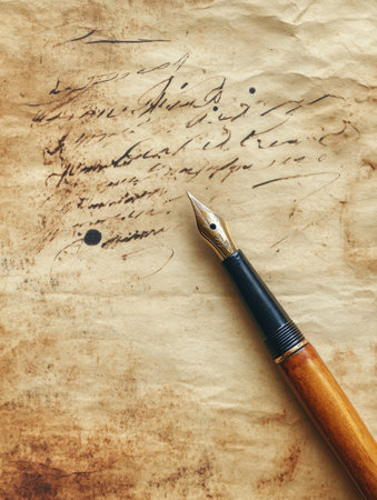A fountain pen with a wooden grip lies on old parchment filled with faded handwritten notes and ink stains, showing a creative writing process.の素材