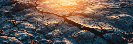 Sunlight casts an orange glow over cracked, dry earth showing the impact of drought conditions in a barren landscape at sunset.の素材