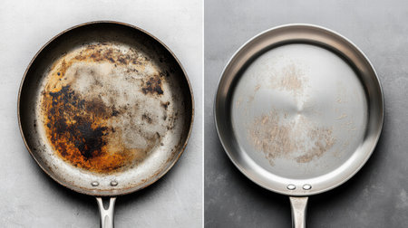 A stainless steel frying pan split in half one side dirty and the other shiny, showing a dramatic transformation.の素材