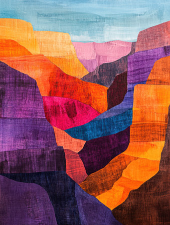 Multicolored abstract artwork shows a canyon landscape with rich textures, creating a visual feast of deep hues and dynamic forms.の素材