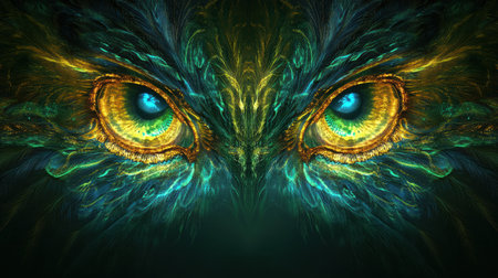 Vibrant colors create a stunning visual of large, expressive eyes, illustrating a mystical creatures essence in an abstract design.の素材