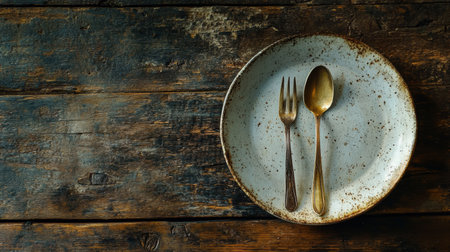 A vintage fork and knife rest on a rustic plate, beautifully contrasting the worn wooden tabletop, creating a simple yet inviting dining atmosphere.の素材