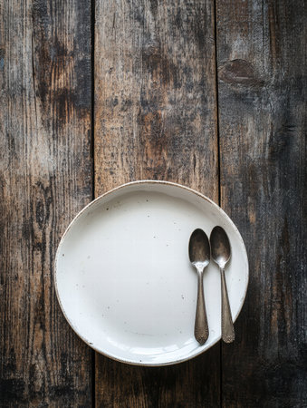An empty, round plate accompanied by two silver spoons rests on a rustic wooden table, evoking a sense of minimalism in dining.の素材