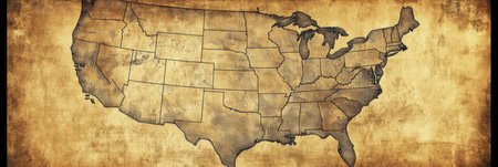 Detailed map showing the United States with a vintage design, featuring states outlined in a classic style against a textured backdrop.の素材