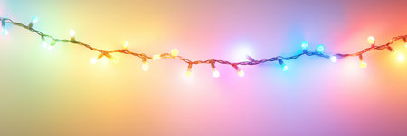 A vibrant garland of multicolored lights contrasts beautifully against a soft gradient backdrop, perfect for festive occasions.の素材
