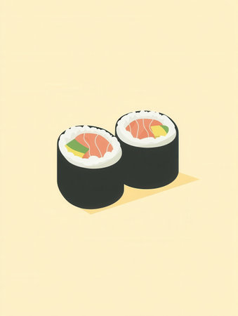 Visual representation of a flat sushi roll icon featuring fresh ingredients and clean lines, designed for a modern aesthetic in food branding.の素材