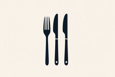 Stylish minimalist cutlery logo showcases a sleek knife and fork silhouette designed for culinary branding and dining themes.の素材
