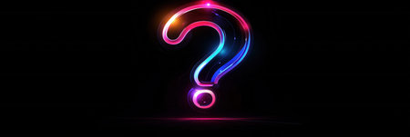 A striking question mark icon features vibrant glowing light bursts, embodying a modern minimalist...