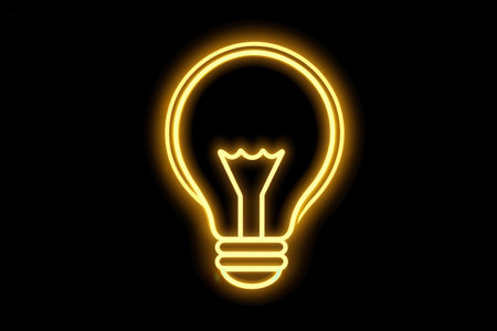 Minimalist design features a glowing light bulb icon with bright yellow highlights, offering a clean style on a dark backdrop.の素材