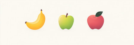 Modern minimalist fruit logo featuring an abstract banana and apples on a clean white background, highlighting simplicity and elegance.の素材