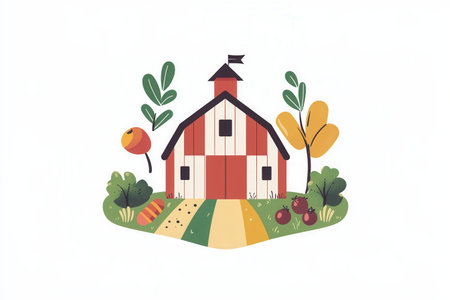 A vibrant logo featuring a rustic barn surrounded by fresh vegetables, embodying a modern and clean aesthetic for farm products.の素材