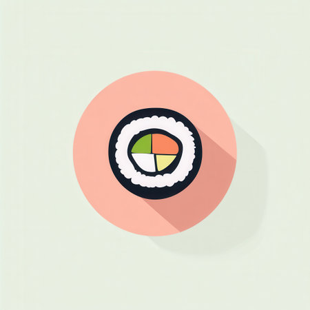 This flat sushi roll design showcases a colorful roll with earthy tones, emphasizing a clean and modern aesthetic perfect for culinary branding.の素材