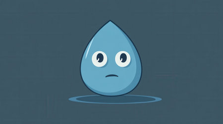 A minimalist icon features a sad blue water drop with expressive eyes, showing a simple design that conveys emotions clearly and effectively.の素材