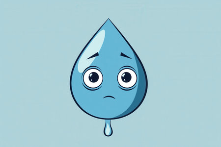 A blue water drop with a sad expression and large eyes, designed in a minimalist style, conveys a sense of emotion and simplicity.の素材