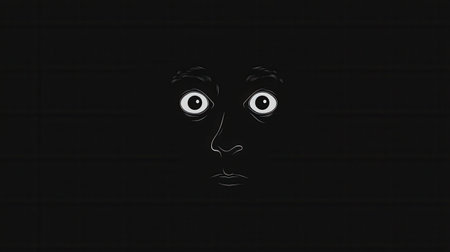 A minimalist representation of a dark face shows wide, fearful eyes surrounded by a stark black background, evoking a sense of unease and anxiety.の素材