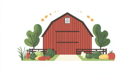 Logo showcases a rustic barn surrounded by fresh vegetables in a clean and contemporary style, reflecting farm freshness and quality.の素材
