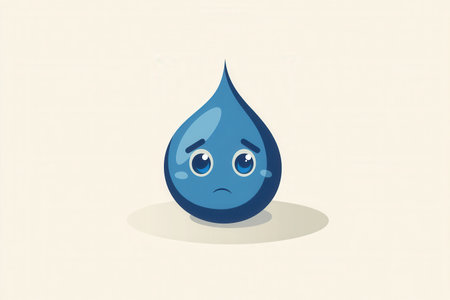 Sad blue water drop character with big eyes expresses emotions through its minimalist design, evoking feelings of sorrow and empathy in viewersの素材