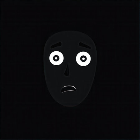 This artwork shows a minimalist dark face with large, fearful eyes, creating an eerie and unsettling atmosphere.の素材