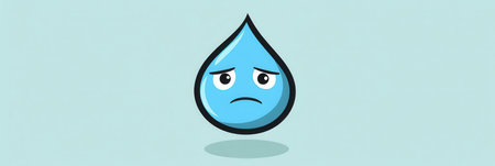 Minimalist design features a sad blue water drop with expressive eyes, emphasizing loneliness in a simple style against a light background.の素材