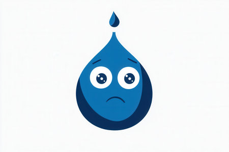 A sad blue water drop with eyes conveys a feeling of sadness in a minimalist and simple design, capturing emotions creatively.の素材