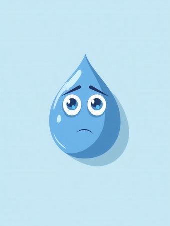 Minimalist representation of a sad blue water drop with expressive eyes on a light backdrop, conveying feelings and emotions related to water.の素材