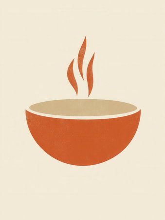 A simple logo features a steaming soup bowl in warm orange and beige tones, evoking feelings of comfort and coziness in branding.の素材